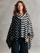 Women’s Classic American Casual Black And White Polka Dot Striped Knit Poncho Sweater With Cowl Neck ZMZ2298J9ZYY