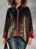 Women’s Classic American Casual Velvet Leopard Print Zip-Up Jacket With Red Contrast Cuffs ZMZ2266J9ZYY