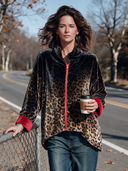 Women’s Classic American Casual Velvet Leopard Print Zip-Up Jacket With Red Contrast Cuffs ZMZ2266J9ZYY