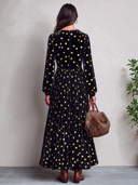Women's Retro V-neck Velvet Gold Polka Dot Print Long-sleeved Dress ZMZ2287J8SWL