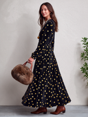 Women's Retro V-neck Velvet Gold Polka Dot Print Long-sleeved Dress ZMZ2287J8SWL