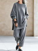 Women's Retro Casual Sequined Patchwork Pullover Sweater And Cotton Pants Two-Piece Set ZMZ2399J9ZJY