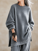 Women's Retro Casual Sequined Patchwork Pullover Sweater And Cotton Pants Two-Piece Set ZMZ2399J9ZJY