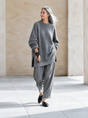 Women's Retro Casual Sequined Patchwork Pullover Sweater And Cotton Pants Two-Piece Set ZMZ2399J9ZJY