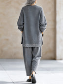 Women's Retro Casual Sequined Patchwork Pullover Sweater And Cotton Pants Two-Piece Set ZMZ2399J9ZJY