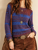 Women's Retro Casual Striped Color Block Crew Neck Pullover Long Sleeve Sweater ZMZ2308J3ZJY