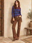 Women's Retro Casual Striped Color Block Crew Neck Pullover Long Sleeve Sweater ZMZ2308J3ZJY