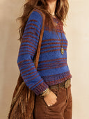 Women's Retro Casual Striped Color Block Crew Neck Pullover Long Sleeve Sweater ZMZ2308J3ZJY