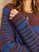 Women's Retro Casual Striped Color Block Crew Neck Pullover Long Sleeve Sweater ZMZ2308J3ZJY