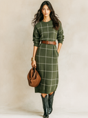 Women's Retro Casual Knitted Plaid Round Neck Pullover Long Sleeve Midi Dress ZMZ2321J1ZJY