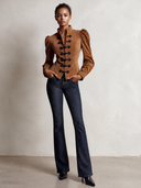 Women's Brown Faux Suede Puff Sleeve Slim Fit Long Sleeve Stand Collar Jacket ZMZ2233J3XT