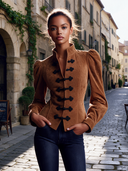 Women's Brown Faux Suede Puff Sleeve Slim Fit Long Sleeve Stand Collar Jacket ZMZ2233J3XT