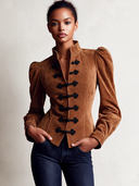 Women's Brown Faux Suede Puff Sleeve Slim Fit Long Sleeve Stand Collar Jacket ZMZ2233J3XT
