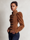 Women's Brown Faux Suede Puff Sleeve Slim Fit Long Sleeve Stand Collar Jacket ZMZ2233J3XT