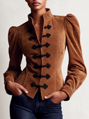 Women's Brown Faux Suede Puff Sleeve Slim Fit Long Sleeve Stand Collar Jacket ZMZ2233J3XT