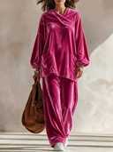 Women’s Classic Casual Velvet Set: Asymmetric-Neckline Lantern-Sleeve Top And Elastic-Waist Wide-Leg Pants ZMZ2394J7ZYY