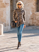 Women's Retro Casual Striped Duffle Neck Long Sleeve Irregular Sweater ZMZ1696J2ZJY