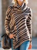 Women's Retro Casual Striped Duffle Neck Long Sleeve Irregular Sweater ZMZ1696J2ZJY