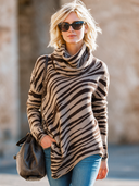 Women's Retro Casual Striped Duffle Neck Long Sleeve Irregular Sweater ZMZ1696J2ZJY