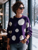 Women’s Classic Casual Purple Polka Dot Crew Neck Pullover Sweater - Oversized Fuzzy Knit ZMZ2281J0ZYY