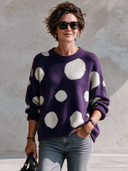 Women’s Classic Casual Purple Polka Dot Crew Neck Pullover Sweater - Oversized Fuzzy Knit ZMZ2281J0ZYY
