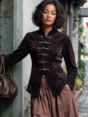Women's Vintage Dark Brown Corduroy Stand Collar Fold-Button Slim Fit Jacket ZMZ2337J3XT