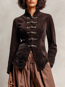 Women's Vintage Dark Brown Corduroy Stand Collar Fold-Button Slim Fit Jacket ZMZ2337J3XT
