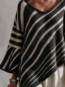 Women's Vintage Casual Diagonal Striped V-Neck Knit Pullover Sweater With Asymmetric Hem And Wide Sleeves ZMZ2305J5ZYY