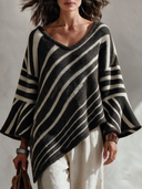 Women's Vintage Casual Diagonal Striped V-Neck Knit Pullover Sweater With Asymmetric Hem And Wide Sleeves ZMZ2305J5ZYY