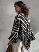 Women's Vintage Casual Diagonal Striped V-Neck Knit Pullover Sweater With Asymmetric Hem And Wide Sleeves ZMZ2305J5ZYY