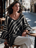 Women's Vintage Casual Diagonal Striped V-Neck Knit Pullover Sweater With Asymmetric Hem And Wide Sleeves ZMZ2305J5ZYY