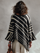 Women's Vintage Casual Diagonal Striped V-Neck Knit Pullover Sweater With Asymmetric Hem And Wide Sleeves ZMZ2305J5ZYY