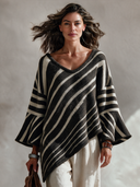 Women's Vintage Casual Diagonal Striped V-Neck Knit Pullover Sweater With Asymmetric Hem And Wide Sleeves ZMZ2305J5ZYY