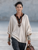 Women’s American Vintage Style Waffle-Knit Henley Top With Contrast Black Collar – Oatmeal Long Sleeve Casual Tee ZMZ2237J2ZYY