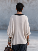 Women’s American Vintage Style Waffle-Knit Henley Top With Contrast Black Collar – Oatmeal Long Sleeve Casual Tee ZMZ2237J2ZYY