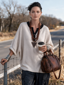 Women’s American Vintage Style Waffle-Knit Henley Top With Contrast Black Collar – Oatmeal Long Sleeve Casual Tee ZMZ2237J2ZYY