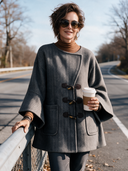 Women’s American Vintage Style Grey Herringbone Toggle Coat With Flared Sleeves And Patch Pockets ZMZ2372J5ZYY