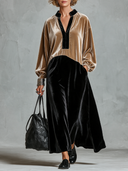 Women’s American Vintage Style Camel And Black Velvet Colorblock Maxi Dress With Notched Collar And Long Balloon Sleeves ZMZ2264J3ZYY