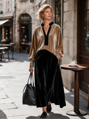 Women’s American Vintage Style Camel And Black Velvet Colorblock Maxi Dress With Notched Collar And Long Balloon Sleeves ZMZ2264J3ZYY