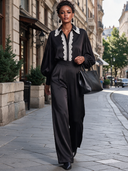 Women's Black Satin Lace-Trimmed Puff Sleeve Shirt And Trousers Two-Piece Set ZMZ2370J0XT