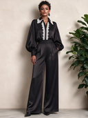 Women's Black Satin Lace-Trimmed Puff Sleeve Shirt And Trousers Two-Piece Set ZMZ2370J0XT