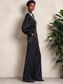 Women's Black Satin Lace-Trimmed Puff Sleeve Shirt And Trousers Two-Piece Set ZMZ2370J0XT