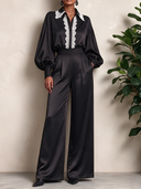 Women's Black Satin Lace-Trimmed Puff Sleeve Shirt And Trousers Two-Piece Set ZMZ2370J0XT