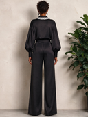 Women's Black Satin Lace-Trimmed Puff Sleeve Shirt And Trousers Two-Piece Set ZMZ2370J0XT