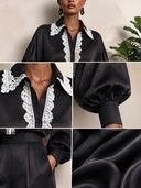 Women's Black Satin Lace-Trimmed Puff Sleeve Shirt And Trousers Two-Piece Set ZMZ2370J0XT