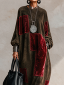 Women’s American Vintage Style Suede-Feel Maxi Dress With Burgundy Velvet Patchwork ZMZ2244J5ZYY