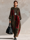 Women’s American Vintage Style Suede-Feel Maxi Dress With Burgundy Velvet Patchwork ZMZ2244J5ZYY