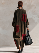 Women’s American Vintage Style Suede-Feel Maxi Dress With Burgundy Velvet Patchwork ZMZ2244J5ZYY