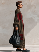 Women’s American Vintage Style Suede-Feel Maxi Dress With Burgundy Velvet Patchwork ZMZ2244J5ZYY