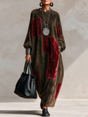Women’s American Vintage Style Suede-Feel Maxi Dress With Burgundy Velvet Patchwork ZMZ2244J5ZYY